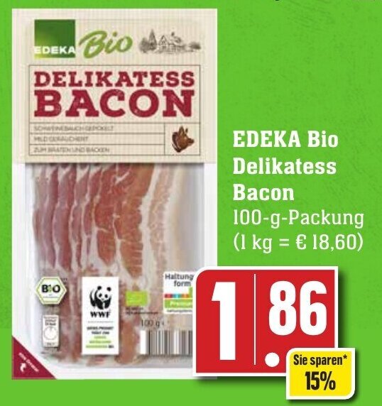Edeka Bio Delikatess Bacon 100 g Packung Angebot bei Edeka Neukauf