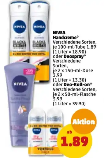 PENNY Nivea Handcreme 100 ml Tube oder Deospray 2x150 ml Dose oder Deo Roll-on 2x50 ml Flasche Angebot