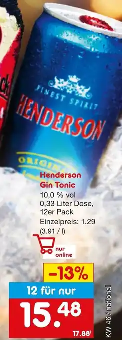 Netto Marken-Discount Henderson Gin Tonic 0,33 Liter Dose Angebot