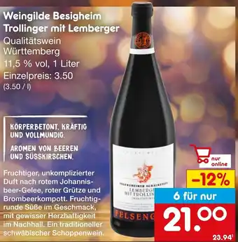 Netto Marken-Discount Weingilde Besigheim Trollinger mit Lemberger 1 Liter Angebot