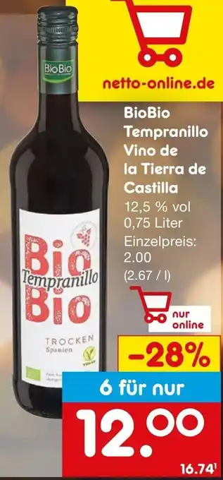 Netto Marken-Discount BioBio Tempranillo Vino de la Tierra de Castilla 0,75 Liter Angebot