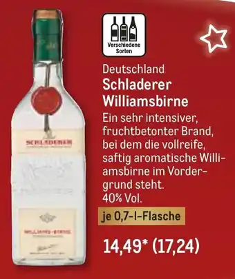 METRO Schladerer Williamsbirne 0,7 L Flasche Angebot