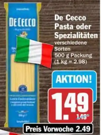 Hit De Cecco Pasta oder Spezialitäten 500 g Packung Angebot