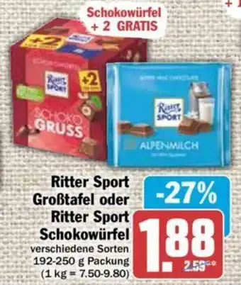 Hit Ritter Sport Großtafel oder Ritter Sport Schokowürfel 192-250 g Packung Angebot