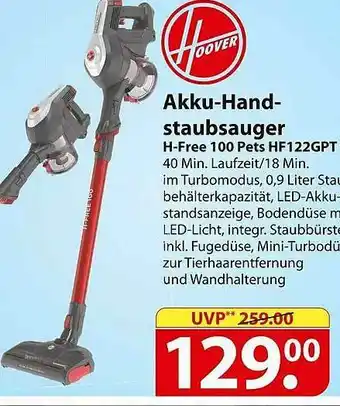 Famila Nord Ost Hoover Akku-hand Staubsauger H-free 100 Pets HF122GPT Angebot