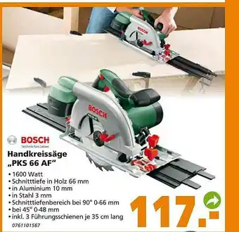 Globus Baumarkt Bosch Handkreissäge „pks 66 Af” Angebot