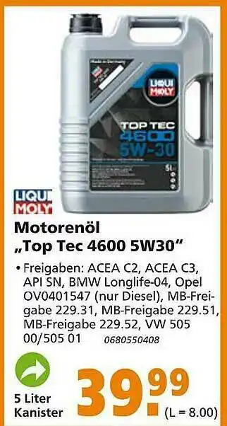 Globus Baumarkt Liqui Moly Motorenöl „top Tec 4600 5w30” Angebot