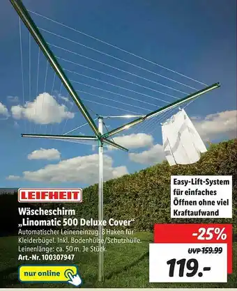 Lidl Wäscheschirm „linomatic 500 Deluxe Cover” Leifheit Angebot