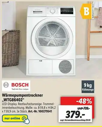 Lidl Wärmepumpentrockner „wtg86402” Bosch Angebot