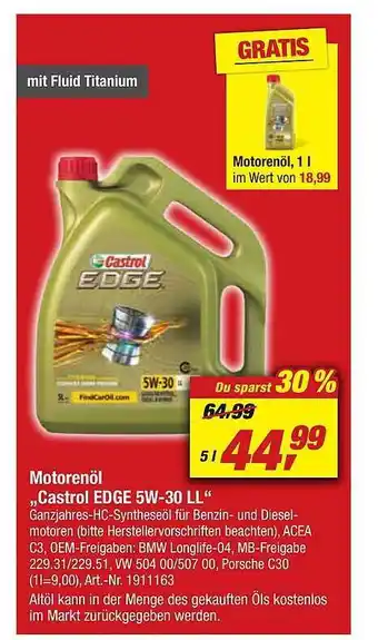 toom Baumarkt Motorenöl „castrol edge 5w-30 ll“ Angebot