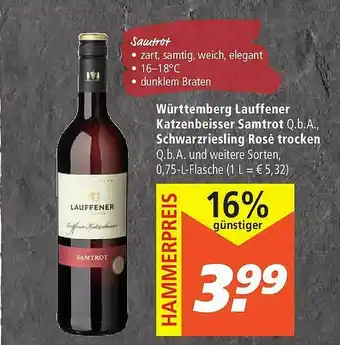 Marktkauf Württemberg Lauffener Katzenbeisser Samtrot Q.b.a Schwarziesling Rosé Trocken Angebot