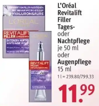 Rossmann L'Oréal Revitalift Filler Tages oder Nachtpflege 50 ml oder Augenpflege 15 ml Angebot