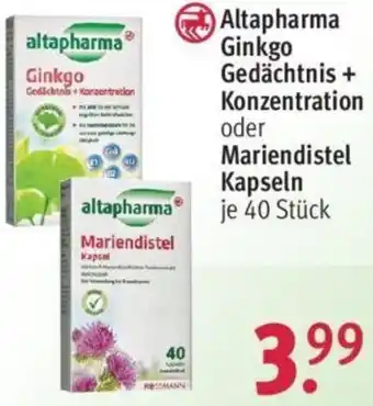 Rossmann Altapharma Ginkgo Gedächtnis + Konzentration oder Mariendistel Kapseln 40 Stück Angebot