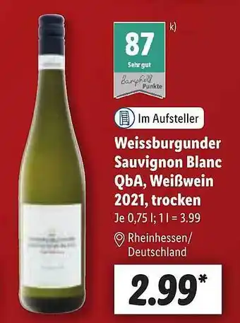 Lidl Weissburgunder sauvignon blanc qba, weißwein 2021, trocken Angebot