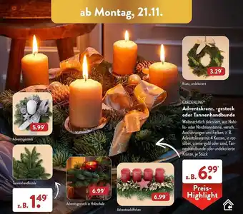 Aldi Süd Gardenline adventskranz, -gesteck oder tannenhandbunde Angebot