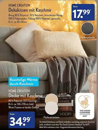 Aldi Nord Home creation dekokissen mit oder decke mit kaschmir Angebot