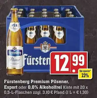 Scheck-in-Center Fürstenberg premium pilsener, export oder 0.0% alkoholfrei Angebot