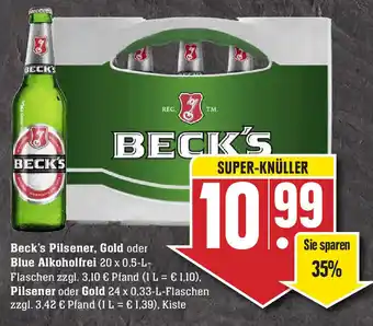 Edeka Neukauf Beck's Pilsener, Gold oder Blue Alkoholfrei 20x0,5L oder Pilsener oder Gold 24x0,33L Angebot