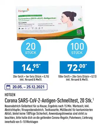 Aldi Nord Hotgen Corona Sars Cov 2 Antigen Schnelltest, 20 stk.1 Angebot