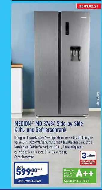 Aldi Nord Medion Md 37484 Side-by-side Kühl Gefrierschrank Angebot