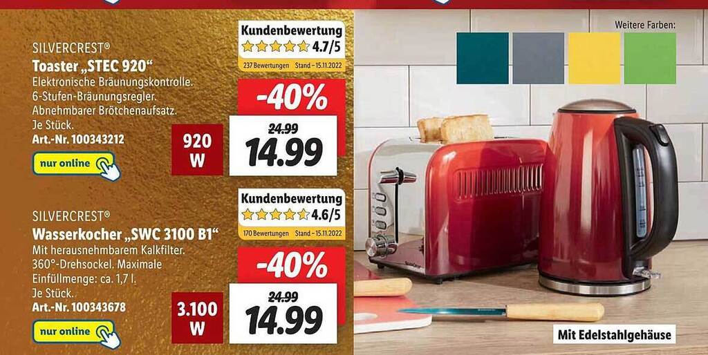 Silvercrest toaster „stec 920“ oder wasserkocher „swc 3100 b1“ Angebot