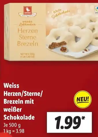 Lidl Weiss Herzen/Sterne/Brezeln mit weißer Schokolade 500 g Angebot