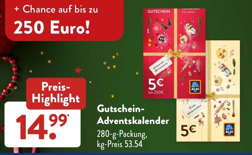 Gutschein Adventskalender 280 g Packung Angebot bei Aldi Süd