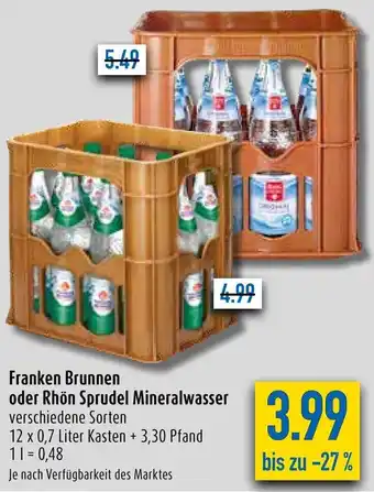 diska Franken Brunnen oder Rhön Sprudel Mineralwasser 12x0,7 Liter Kasten Angebot