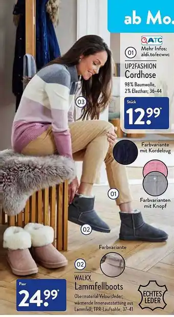 Aldi Nord Up2fashion cordhose oder walkx lammfellboots Angebot