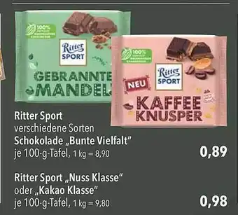 CITTI Markt Ritter sport schokolade „bunte vielfalt“ oder „nuss klasse“ oder „kakao klasse“ Angebot