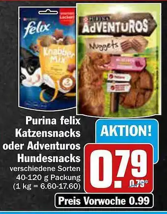 AEZ Purina felix katzensnacks oder adventuros hundesnacks Angebot