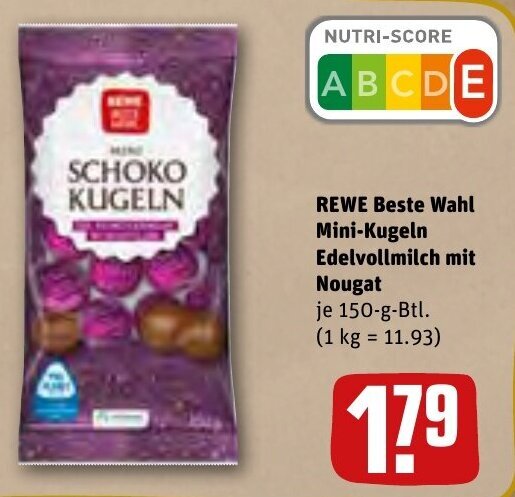 Rewe Beste Wahl Mini Kugeln Edelvollmilch mit Nougat 150 g Btl. Angebot ...
