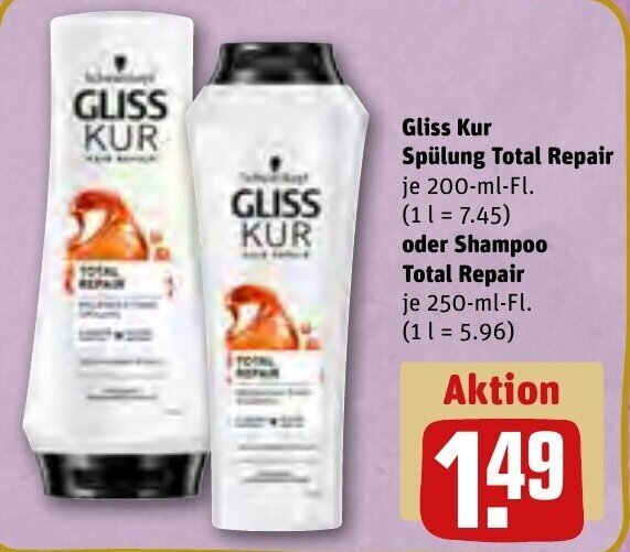 Gliss Kur Spülung Total Repair 200 ml oder Shampoo Total Repair 250 ml Fl. Angebot bei REWE