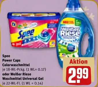 REWE Spee Power Caps Colorwaschmittel 18 WL Pckg. oder Weißer Riese Waschmittel Universal Gel 22 WL Fl. Angebot