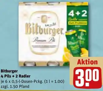 REWE Bitburger 4 Pils + 2 Radler 6x0,5 L Dose Angebot