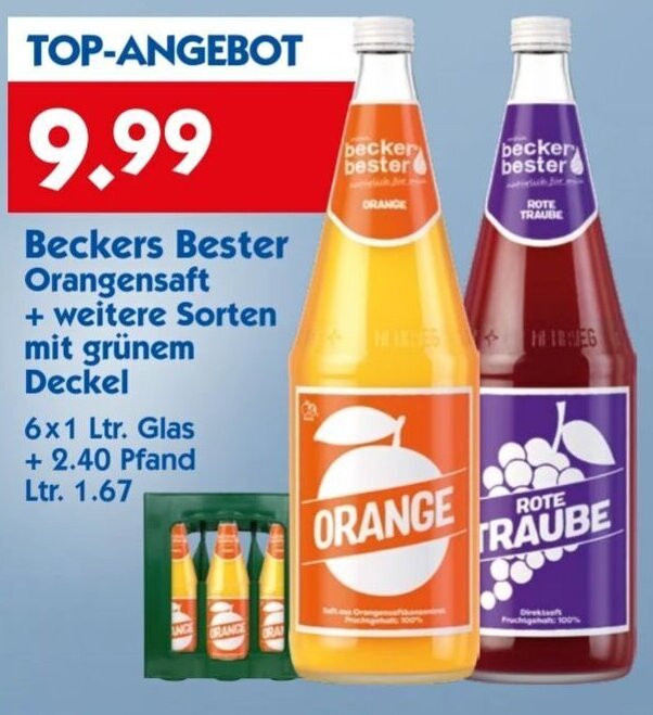 Beckers Bester Orangensaft 6x1 Ltr. Glas Angebot bei Hol'ab Getränkemarkt
