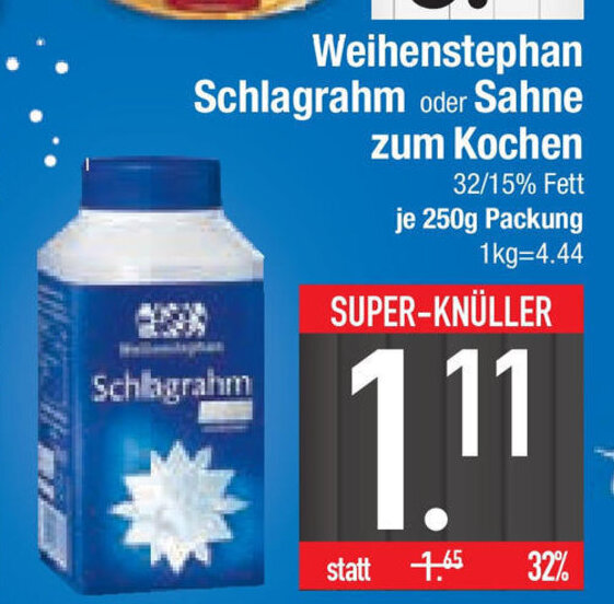 Weihenstephan Schlagrahm oder Sahne zum Kochen 250 g Packung Angebot bei ECenter
