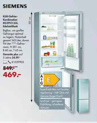 Galeria Siemens Kühl Gefrierkombination KG39V2 LEA, Edelstahllook Angebot