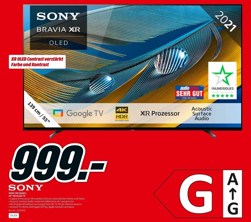 Sony XR 55A80J 55" 4K OLED TV Angebot bei MediaMarkt