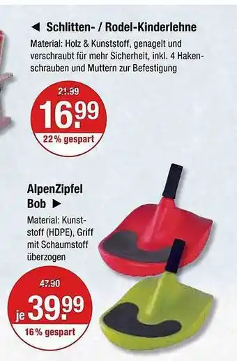 V Markt Schlitten- rodel-kinderlehne oder alpenzipfel bob Angebot