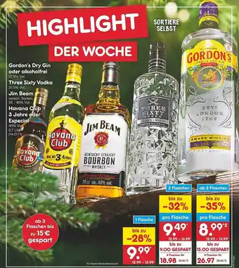 Netto Marken-Discount Gordon's dry gin, alkoholfrei, three sixty vodka, jim beam oder havana club 3 jahre oder especial Angebot