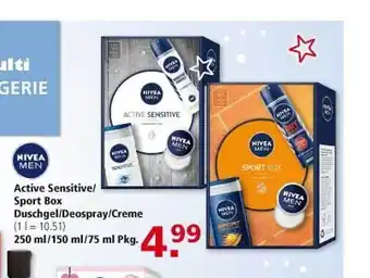 Multi Markt Nivea men active sensitive oder sport box duschgel oder deospray oder creme Angebot