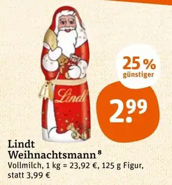 tegut Lindt Weihnachtsmann 125 g Figur Angebot