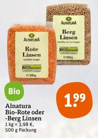 tegut Alnatura Bio Rote oder Berg Linsen 500 g Packung Angebot