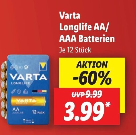 Varta Longlife AA/AAA Batterien 12 Stück Angebot bei Lidl