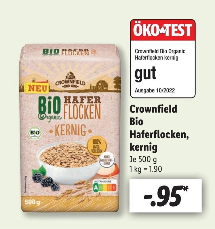 Crownfield Bio Haferflocken, kernig 500 g Angebot bei Lidl