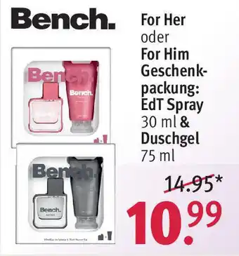 Rossmann Bench. For Her oder For Him Geschenkpackung: Edt Spray 30 ml & Duschgel 75 ml Angebot