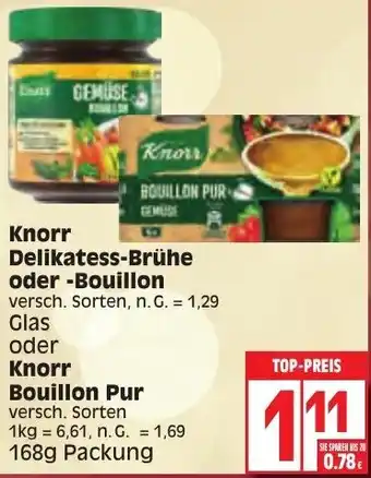 Edeka Knorr Delikatess Brühe oder Bouillon oder Knorr Bouillon Pur 168g Packung Angebot