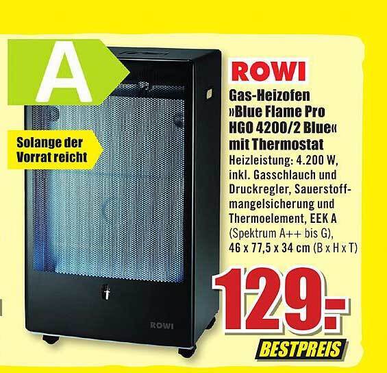 Rowi gasheizofen „blue flame pro hgo 42002 blue“ mit thermostat