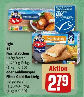 REWE Iglo 15 fischstäbchen oder goldknusper filets gold-backteig Angebot